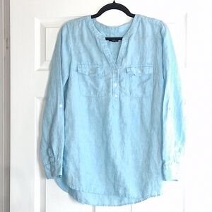 Talbots Turquoise 100% Linen Long Sleeve Pullover V-Neck Tunic Blouse